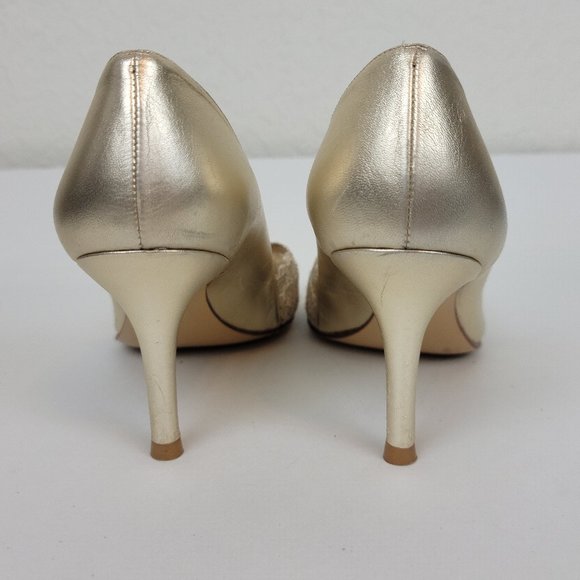 Stuart Weitzman Vintage Gold Lace Peep Toe Leather Sole Heel Made in Spain - Picture 4 of 11